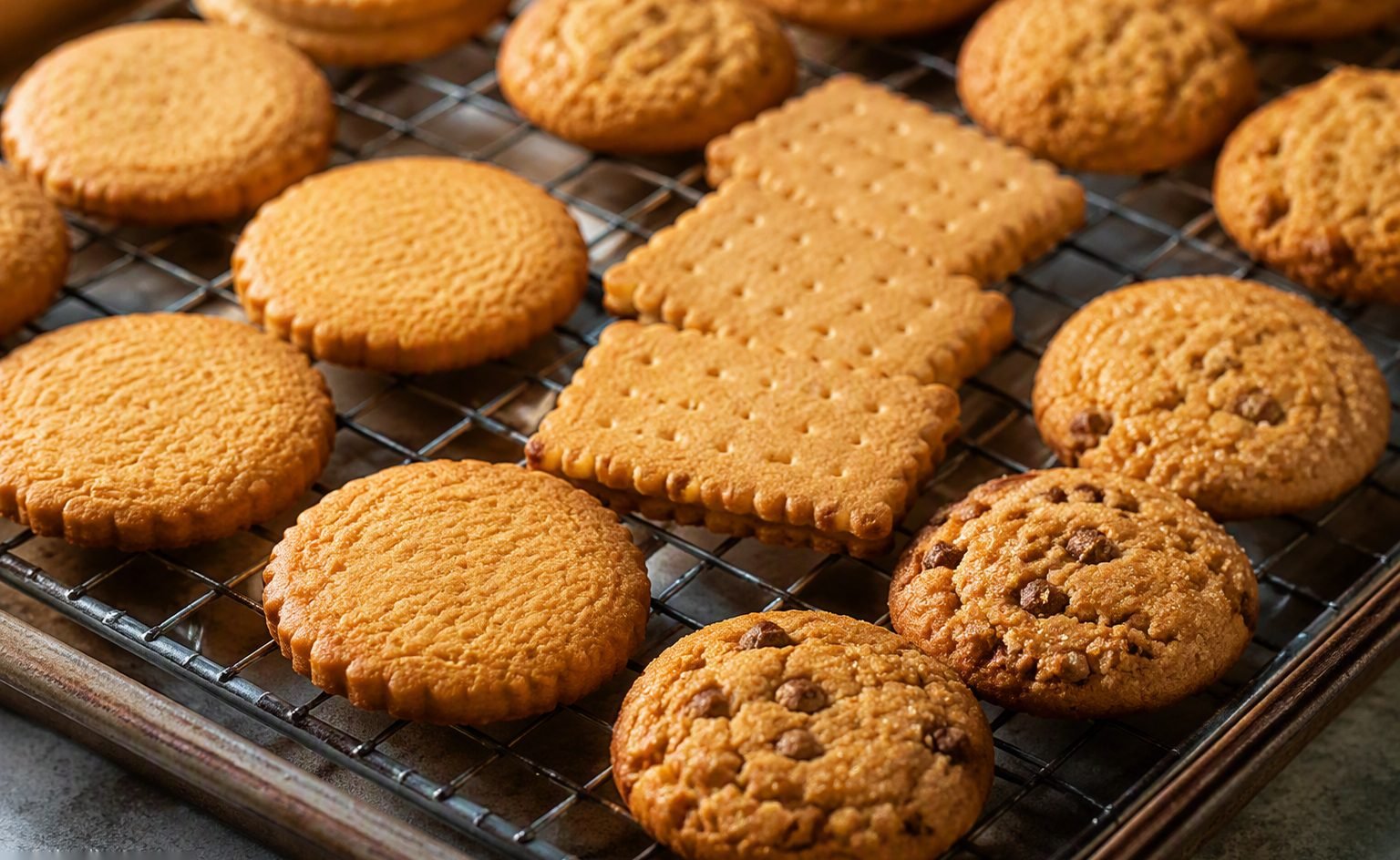 Illustrative image — Golden round biscuits traveling on a steel band conveyor out of an industrial biscuit oven