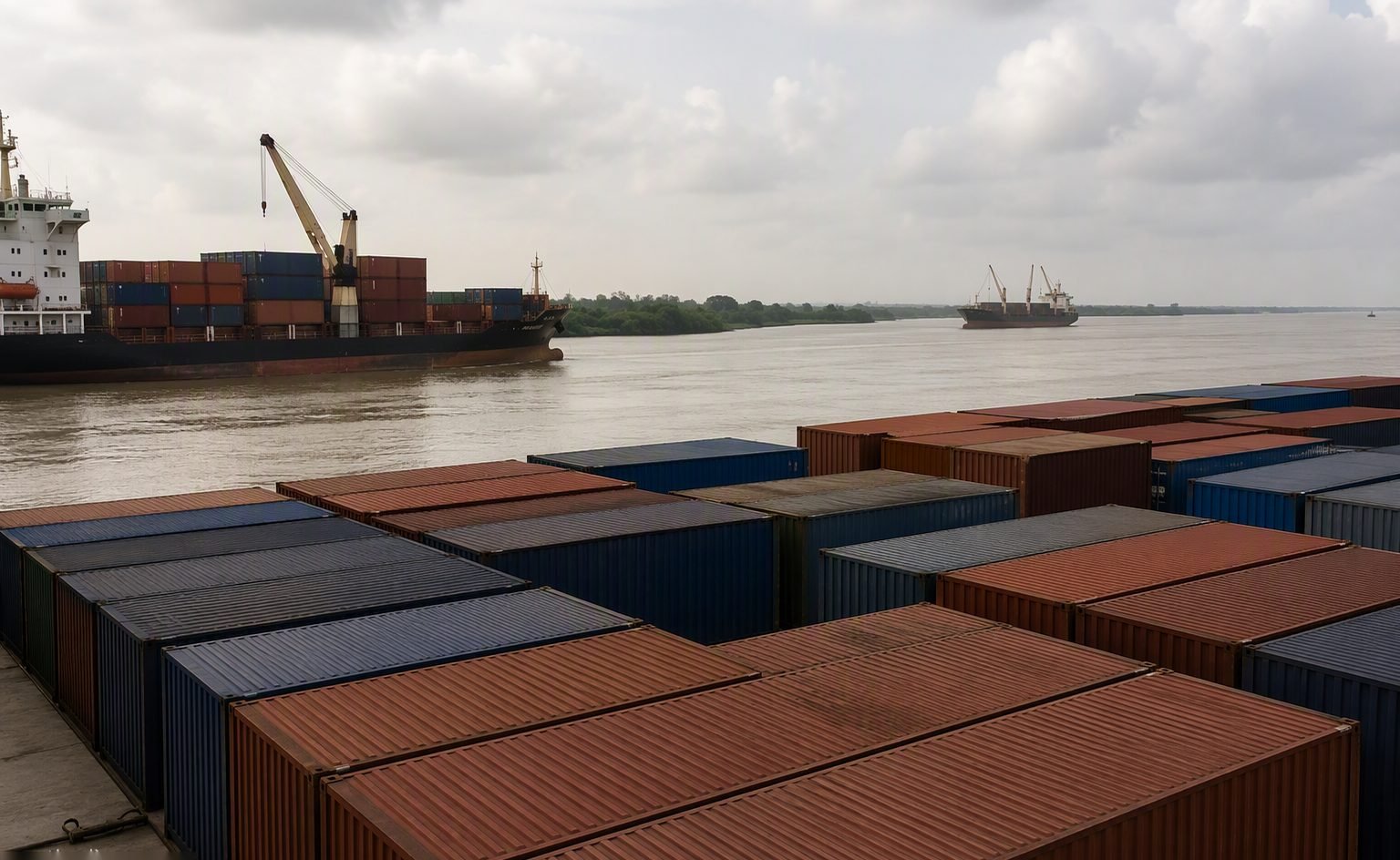 Illustrative image — Busy river port with cargo vessels and cranes loading containers, representing South Asian food ingredient trade