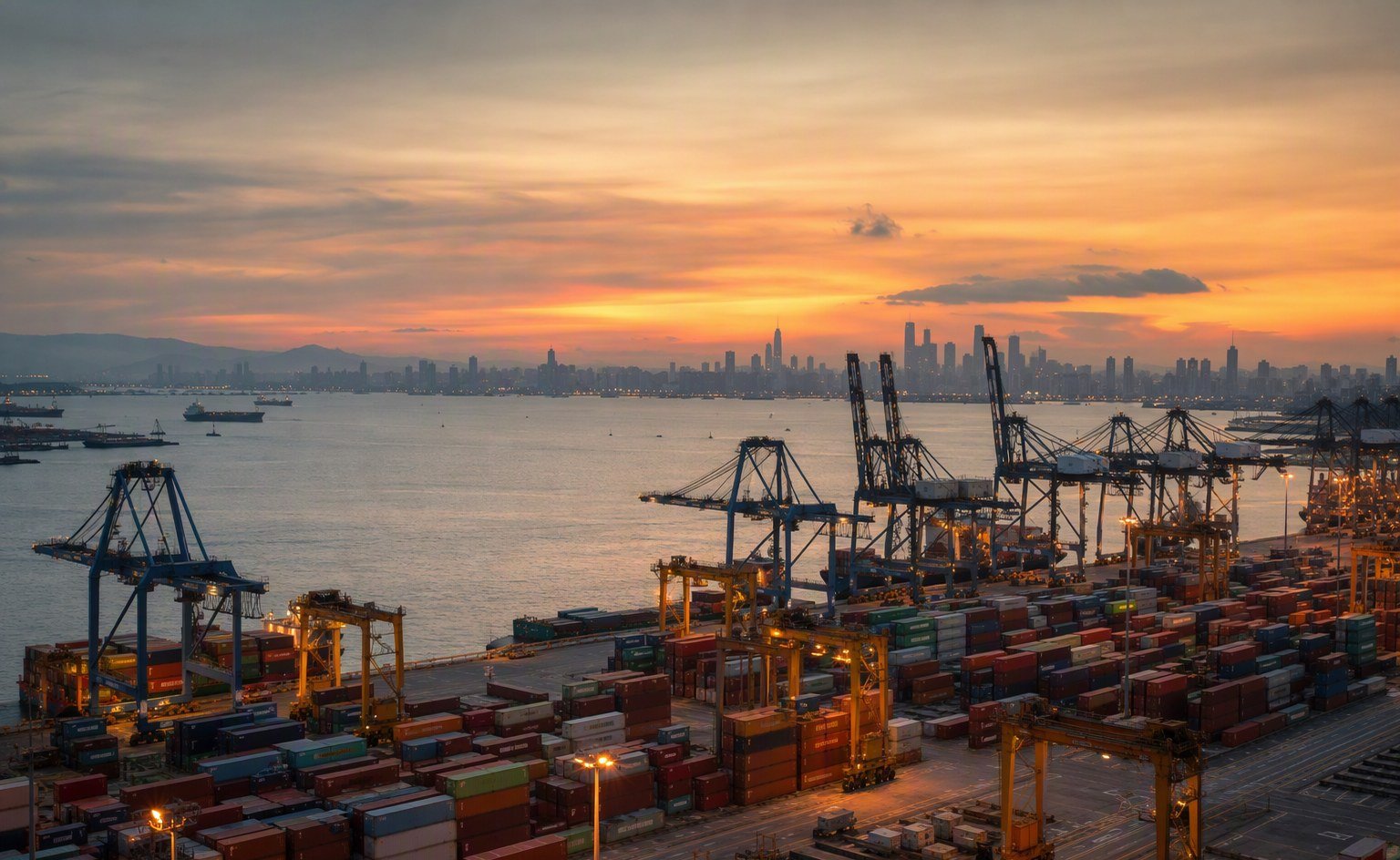 Illustrative image — Container terminal at dusk with cranes and stacked shipping containers at a Southeast Asian port, representing food ingredient imports into Indonesia
