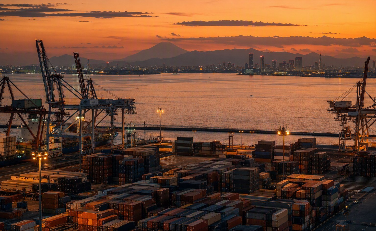 Illustrative image — Container terminal at dusk with cranes and stacked shipping containers on a Japanese bay, representing food ingredient imports into Japan