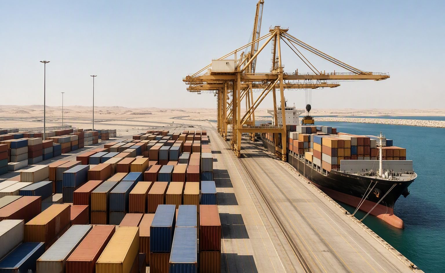 Illustrative image — Modern logistics port with container cranes under a clear desert sky, representing Red Sea food ingredient trade