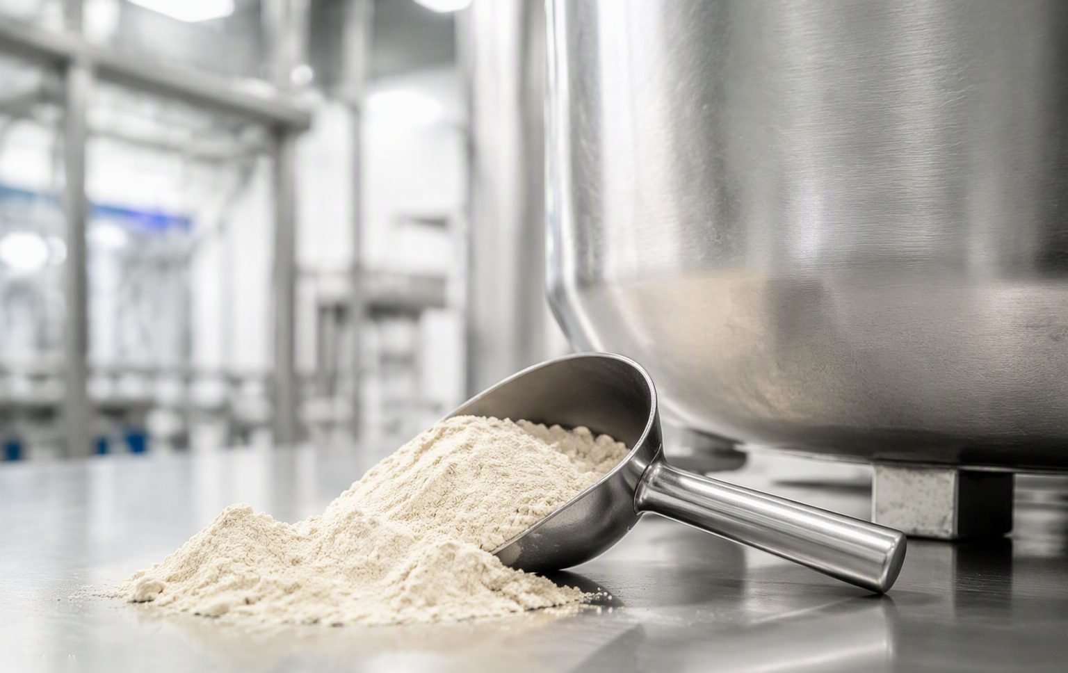 Illustrative image — Protein powder being packed into pouches on a sports nutrition packaging line