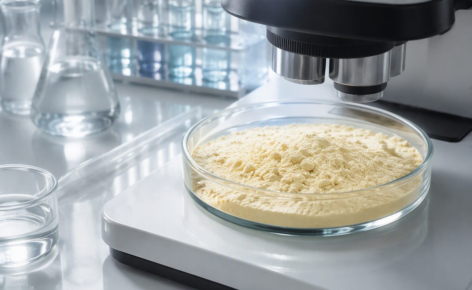 Illustrative image — Laboratory technician in gloves inspecting a powder sample in a petri dish next to batch record documents