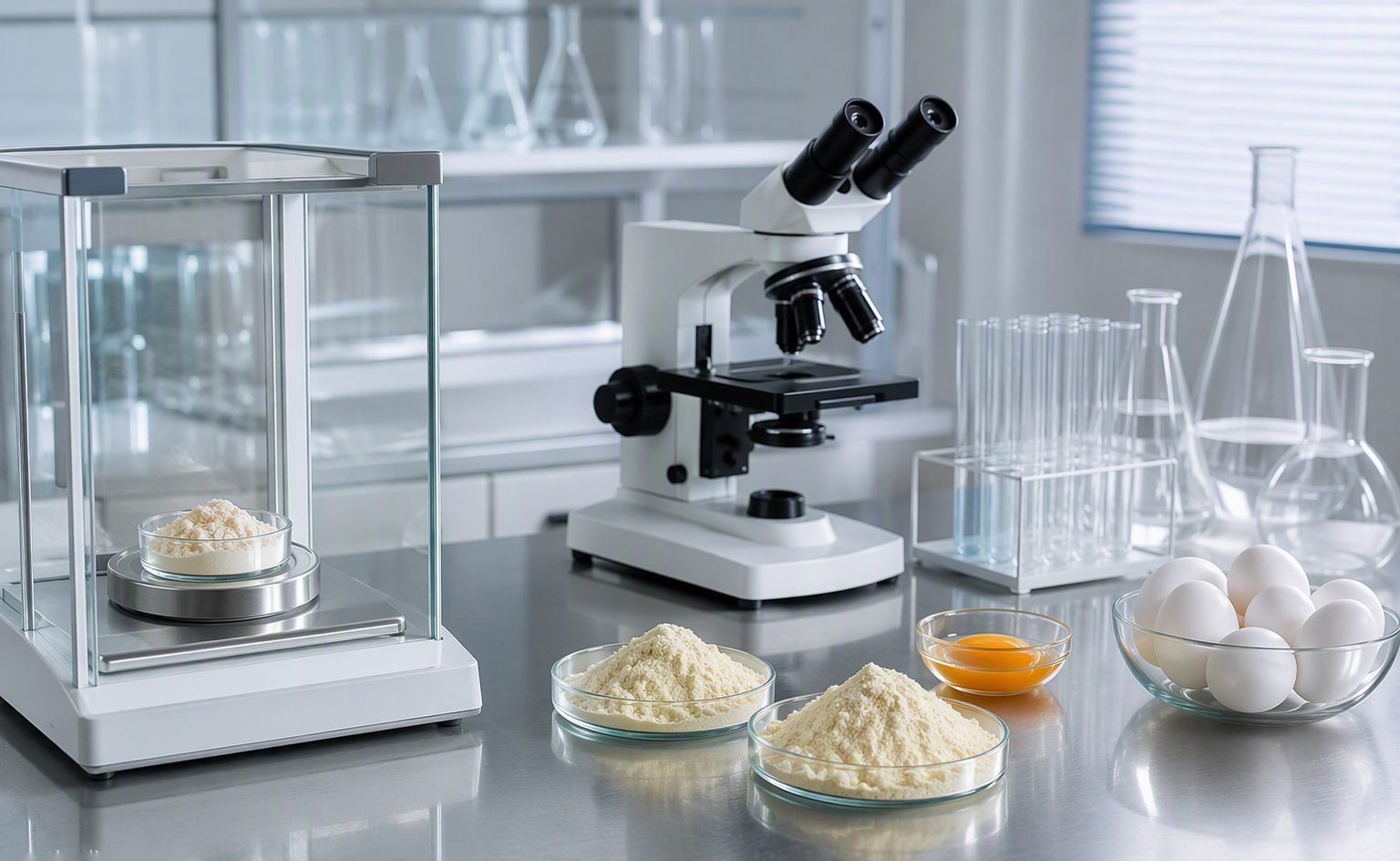 Illustrative image — Quality control technician reviewing batch documentation and samples at a stainless steel laboratory bench