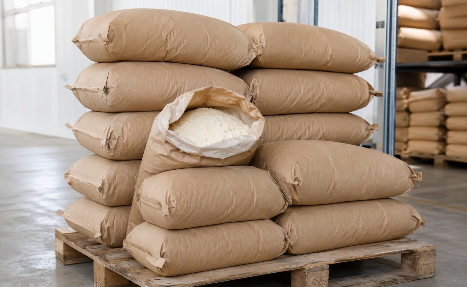 Unprinted ingredient bags stacked on pallets, ready for labelling and dispatch — illustrative image