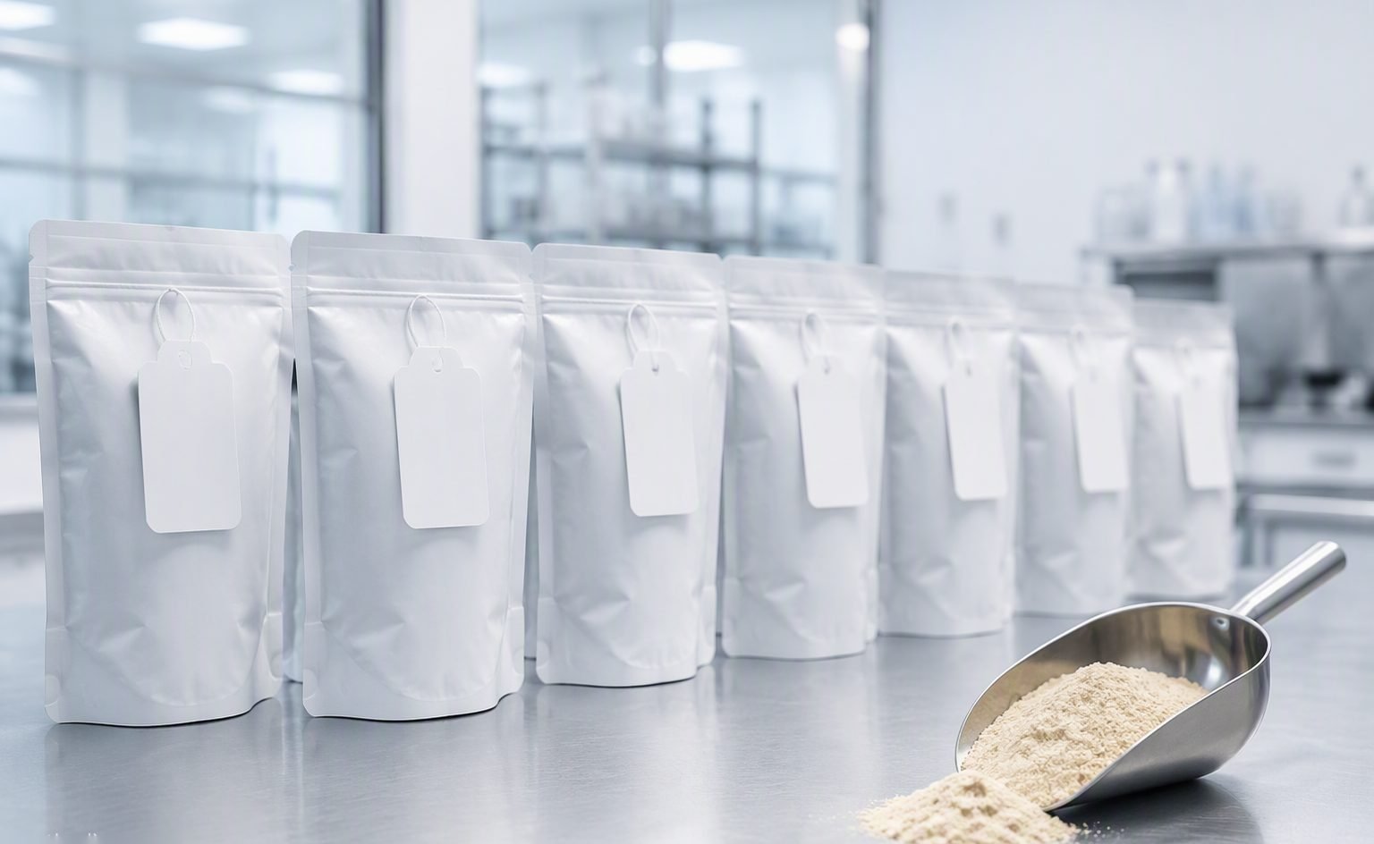Illustrative image — Labelled food-grade bags with batch codes stacked on a pallet in a dry warehouse