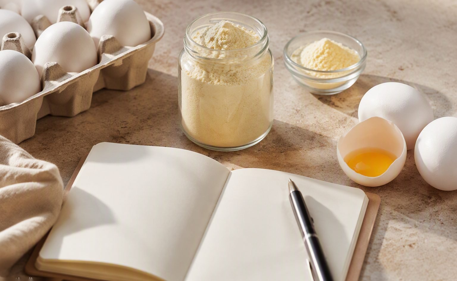 Editorial illustration of a technical documentation library for egg ingredient procurement