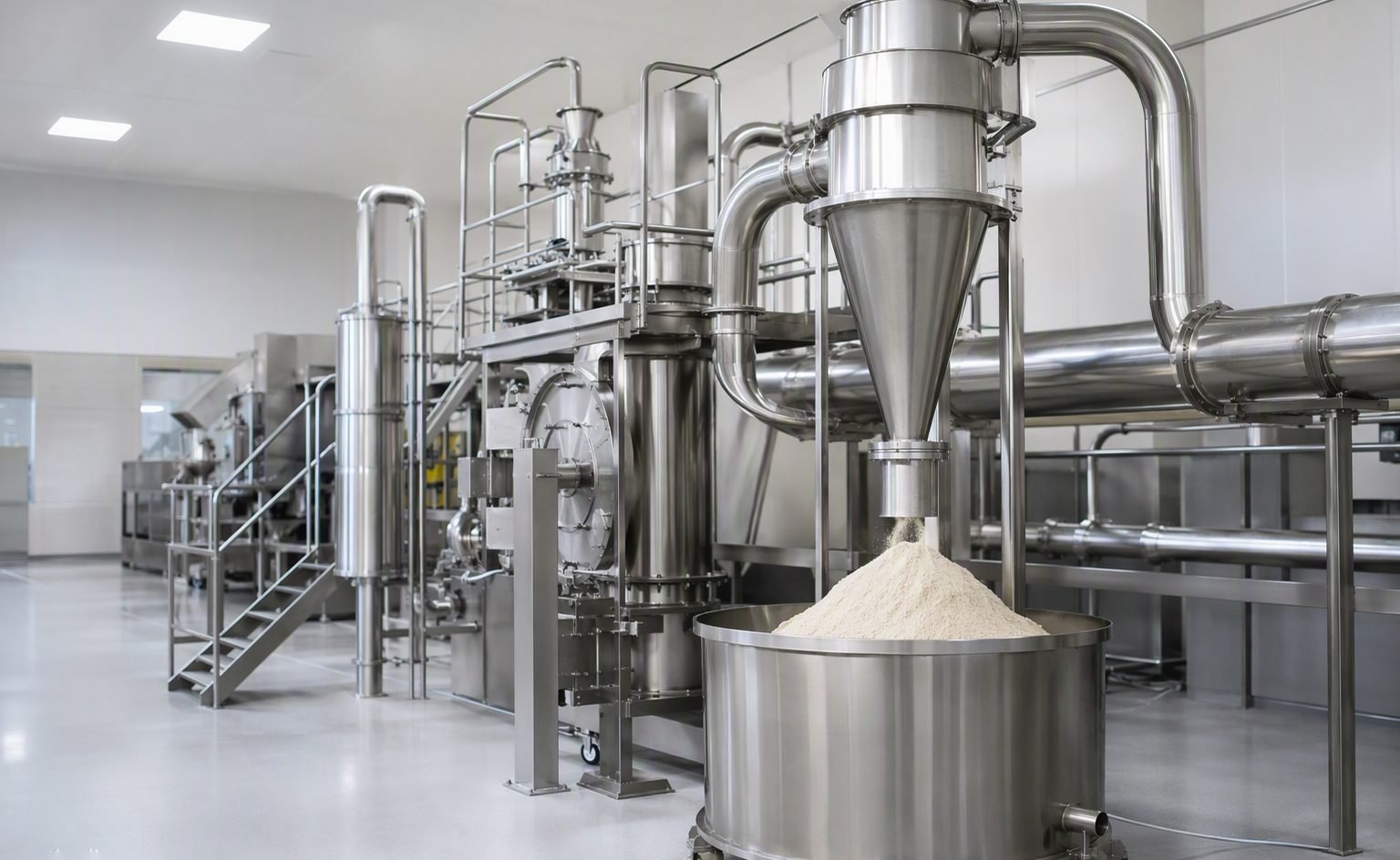 Editorial illustration of an industrial egg processing and spray-drying line